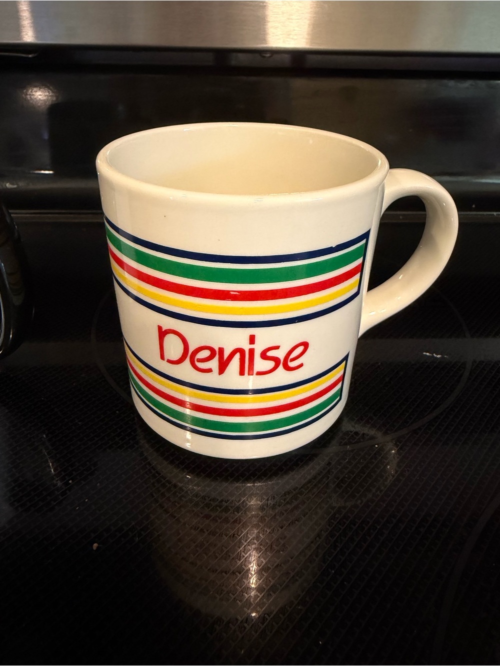 Personalized White Ceramic Mug with Colorful Stripes - Denise